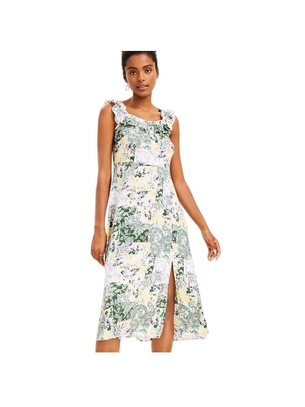 LOFT Patchwork Ruffle Square Neck Midi Dress